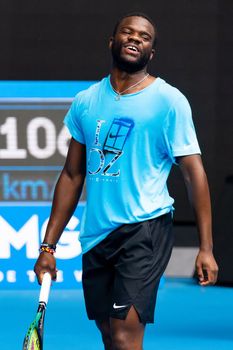 MELBOURNE, AUSTRALIA - JANUARY 13: Frances Tiafoe (USA) practices ahead of the 2023 Australian Open at Melbourne Park on January 13, 2023 in Melbourne, Australia.