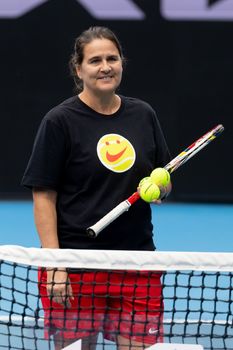 MELBOURNE, AUSTRALIA - JANUARY 13: Conchita Martínez (ESP) coaches Garbiñe Muguruza (ESP) in practice ahead of the 2023 Australian Open at Melbourne Park on January 13, 2023 in Melbourne, Australia.