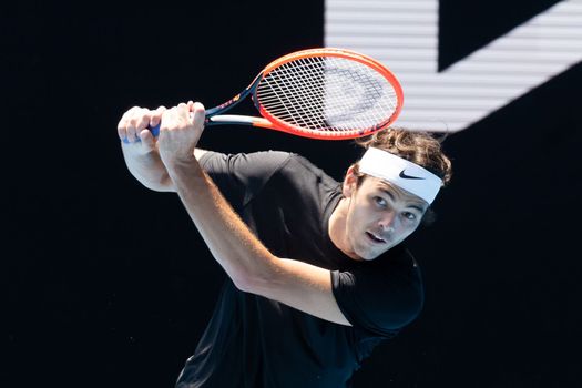 MELBOURNE, AUSTRALIA - JANUARY 13: Taylor Fritz of USA practices ahead of the 2023 Australian Open at Melbourne Park on January 13, 2023 in Melbourne, Australia.