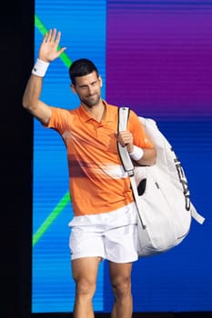 MELBOURNE, AUSTRALIA - JANUARY 13: Novak Djokovic of Serbia and Nick Kyrgios of Australia play an Arena Showdown charity match ahead of the 2023 Australian Open at Melbourne Park on January 13, 2023 in Melbourne, Australia.