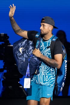 MELBOURNE, AUSTRALIA - JANUARY 13: Novak Djokovic of Serbia and Nick Kyrgios of Australia play an Arena Showdown charity match ahead of the 2023 Australian Open at Melbourne Park on January 13, 2023 in Melbourne, Australia.