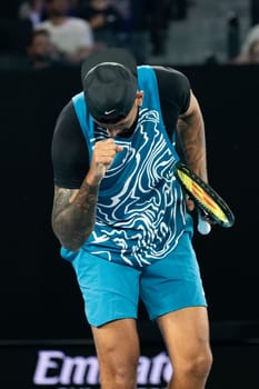 MELBOURNE, AUSTRALIA - JANUARY 13: Nick Kyrgios of Australia celebrates a point against Novak Djokovic of Serbia during an Arena Showdown charity match ahead of the 2023 Australian Open at Melbourne Park on January 13, 2023 in Melbourne, Australia.