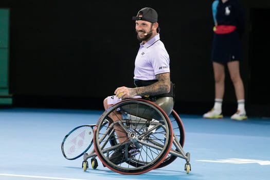 MELBOURNE, AUSTRALIA - JANUARY 13: Heath Davidson of Australia playing with Nick Kyrgious of Australia during an Arena Showdown charity match ahead of the 2023 Australian Open at Melbourne Park on January 13, 2023 in Melbourne, Australia.