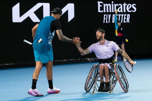 MELBOURNE, AUSTRALIA - JANUARY 13: Heath Davidson of Australia playing with Nick Kyrgious of Australia during an Arena Showdown charity match ahead of the 2023 Australian Open at Melbourne Park on January 13, 2023 in Melbourne, Australia.