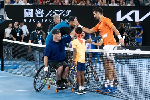 MELBOURNE, AUSTRALIA - JANUARY 13: Novak Djokovic, Nick Kyrgios, Thaadhie Karunanayake, Ana Maric, Heath Davidson and David Wagner after playing an Arena Showdown charity match ahead of the 2023 Australian Open at Melbourne Park on January 13, 2023 in Melbourne, Australia.