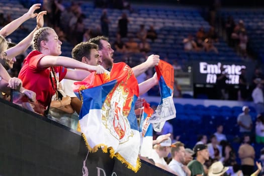 MELBOURNE, AUSTRALIA - JANUARY 13: Crowd as Novak Djokovic of Serbia and Nick Kyrgios of Australia play an Arena Showdown charity match ahead of the 2023 Australian Open at Melbourne Park on January 13, 2023 in Melbourne, Australia.