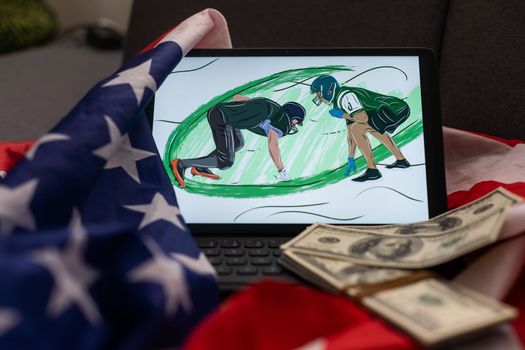 Tablets on the background of the dollar and the American flag