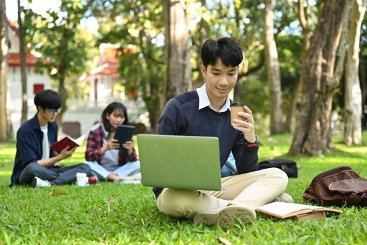 Smiling asian man college student sitting on campus lawn and working on laptop computer. Education and lifestyle concept.