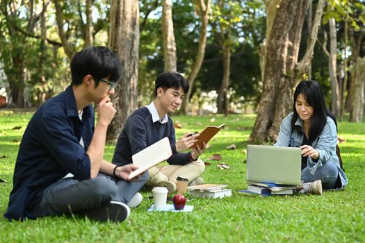 Divers niversity students learning outside the classroom. Youth lifestyle, university and friendship concept.