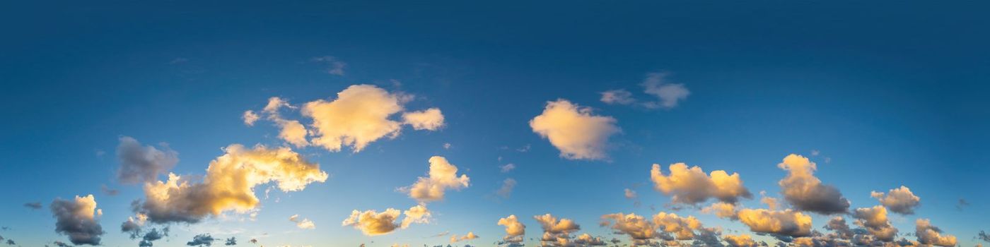 Sky panorama with Cirrus clouds in Seamless spherical equirectangular format. Full zenith for use in 3D graphics, game and editing aerial drone 360 degree panoramas for sky replacement