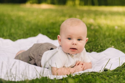 Cute happy toddler lying on a blanket on the grass outdoors in summer.