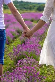 a man holds a girl by the hand in a field of lavender. Selective focus. Nature