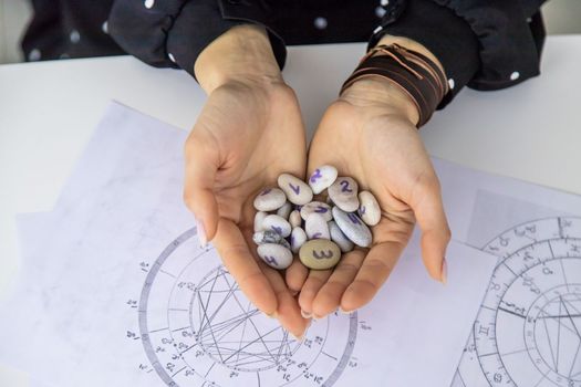 Woman numerologist astrologer counts numbers. Selective focus. People.