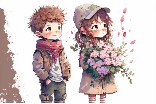 Cute boy and girl in love on romantic Valentine's day hand drawn cartoon style. Generative AI. Generative AI
