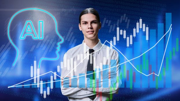 Young confident male looking at camera, background glowing interface with statistics graphs with artificial intelligence sign. Use of AI in business job education science creativity. Technology people