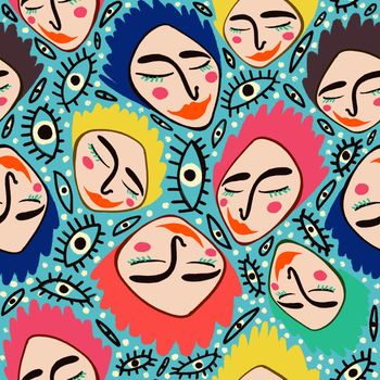 Seamless pattern with funky faces. Groovy cute faces characters illustration