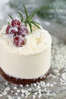 Mousse cakes with coconut cream and Greek yogurt over chocolate cake are the perfect dessert. Add whipped cream and berries. Treat friends and loved ones on Christmas or New Year's Eve