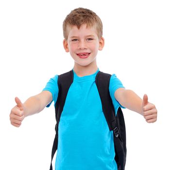 Boy, portrait smile and thumbs up for school, education or learning against a white studio background. Young happy face of isolated casual child student with thumbsup, backpack or school bag.