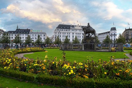 Copenhagen, Denmark. October 2022. the equestrian statue of Christian V in the center of Kongens Nytorv square in the city center