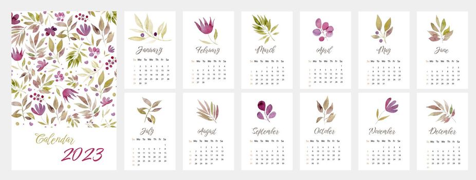 Watercolor calendar for 2023 year with beautiful herbs and flowers botanical paintings. Annual daily planner template with leaves drawings