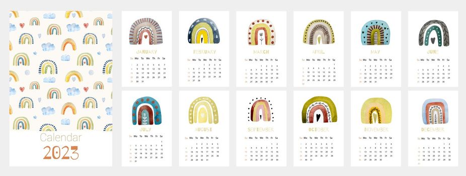 Watercolor calendar for 2023 year with beautiful rainbow hand drawn paintings. Annual daily planner template