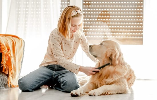 Preteen girl brushes golden retriever dog wet hair after shower and cleaning procedures at home. Pretty child kid with pet labrador friend indoors