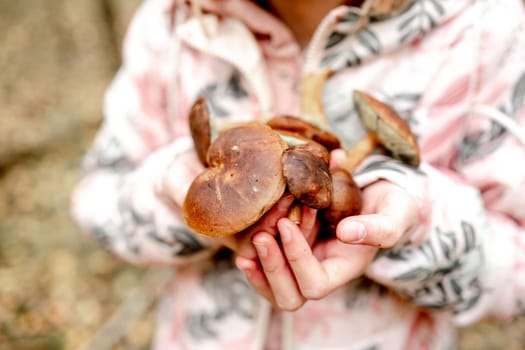 cute girl holding Boletus Edulis Mushroom in hands on the background of autumn forest