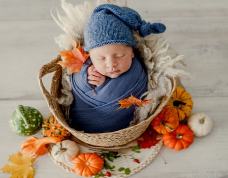 Newborn baby boy swaddled in fabric sleeping with knitted pumpkin toy and decoration. Adorable infant child kid studio halloween portrait