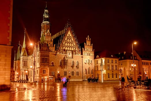 Old Town Hall, the late-Gothic building nowadays City Museum in Wroclaw in Poland at night