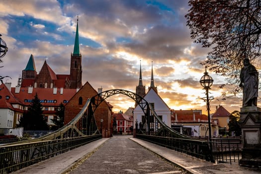 Bridge to Tumski island at dawn in Wroclaw, Poland