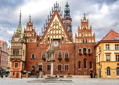Old Town Hall, the late-Gothic building nowadays City Museum in Wroclaw in Poland at cloudy morning