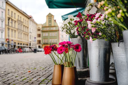 flower stall on Plac Solny square near central Market square in Wroclaw city in autumn