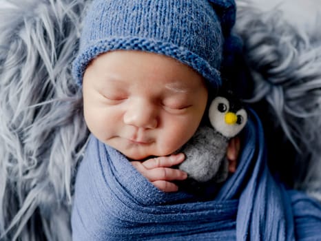 Newborn baby boy swaddled in fabric holding bird toy and sleeping in basin studio portrait. Infant child kid napping