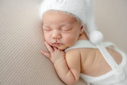 Newborn baby boy wearing knitted pants and hat sleeping on his tummy. Infant child kid napping and holding hand under cheek