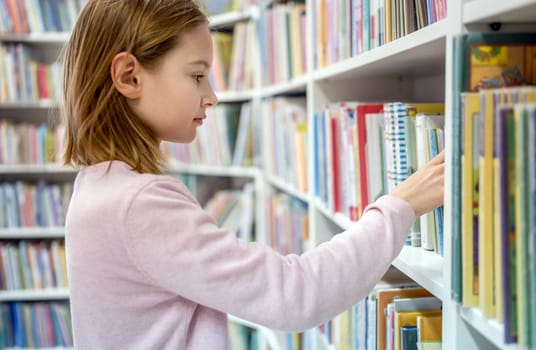 Pretty girl child reading book in library. Cute female preteen kid studying literature in biblioteque