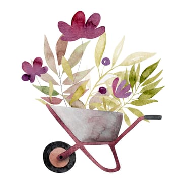 Watercolor botanical illustration with flowers and plants in cart. Beautiful spring floral drawing for postcard and design