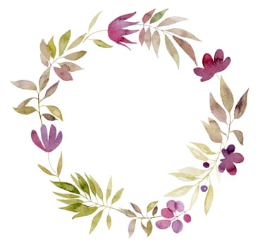 Watercolor botanical hand-drawn flowers and plants wreath with copy space. Aquarelle floral drawing for romantic and wedding postcards