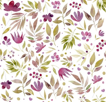 Watercolor botanical hand-drawn seamless pattern with flowers and plants. Aquarelle floral drawing for romantic and wedding postcards