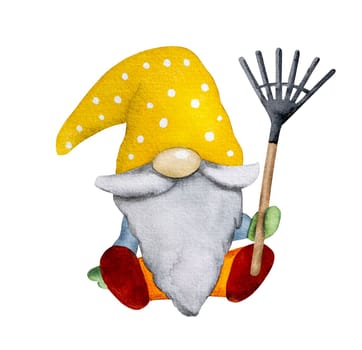 Watercolor hand drawn gnome dwarf with garden tool on white background for postcards. Troll elf aquarelle painting