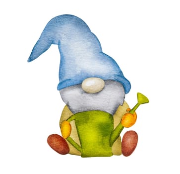 Watercolor hand drawn gnome dwarf with watering can on white background for postcards. Troll elf aquarelle painting