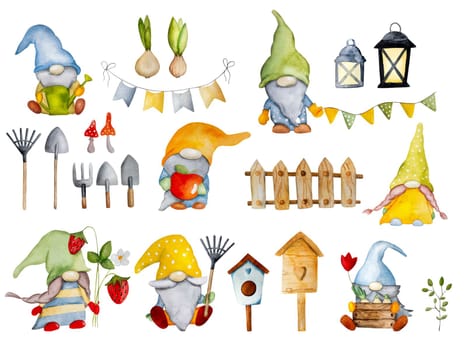 Watercolor hand drawn gnomes dwarfs in garden set on white background for postcards. Troll elfs aquarelle paintings collection