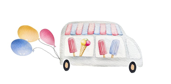 Watercolor truck with different icecream types and air balloons postcard illustration. Car with sweet summer desert