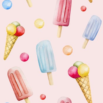 Watercolor icecream drawings set on pink background. Cold summer dessert with strawberry and waffle cone