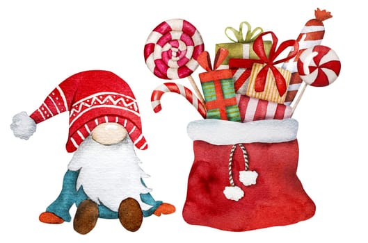 Christmas gnome Santa Claus helper with lollipop candies bag winter watercoor drawing. New year festive dwarf with traditional holiday sweets and gifts
