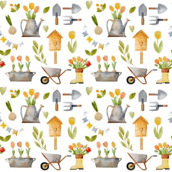 Spring watercolor set with tulip bouquet in rubber boot and trough, garden cart and tools seamless pattern. Cute aquarelle drawings collection with flowers and bird house