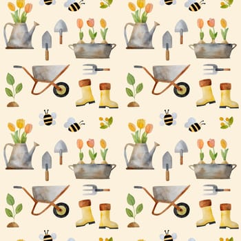 Spring watercolor set with tulip bouquet in rubber boot and trough, garden cart and tools seamless pattern. Cute aquarelle drawings collection with flowers and bird house