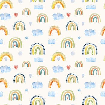 Spring watercolor rainbow and cloud seamless pattern for decoration. Childish aquarelle paintings with weather elements and heart