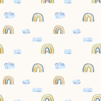 Spring watercolor rainbow and cloud seamless pattern for decoration. Cute trendy aquarelle paintings for kids