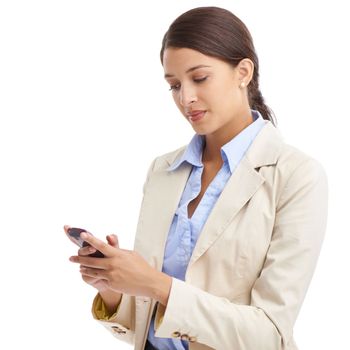 Efficient communication with each strike of a key. an attractive young businesswoman using a mobile phone