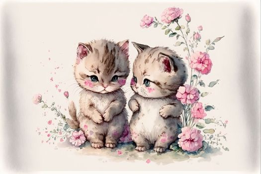 Cute little kitten in love on romantic Valentine's day hand drawn cartoon style. Generative AI Generative AI